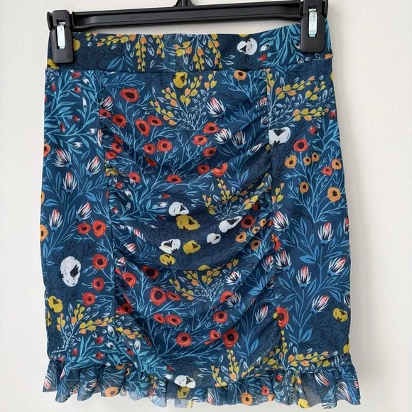 Free People Sz XS Romi Mesh Mini Skirt Blue Floral Fully Lined Elastic Waist - Picture 3 of 6